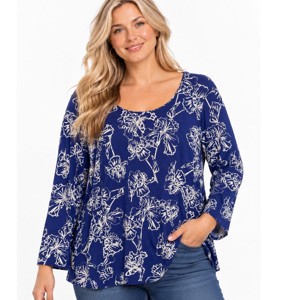 Style & Co Floral Tee Womens Size 2X Blue White Knit Long Sleeve Casual Top